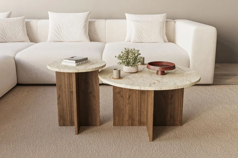 Lorricus sofabord 70 cm rundt - Travertin og Valnøtt - Møbler - Bord - Sofabord & salongbord