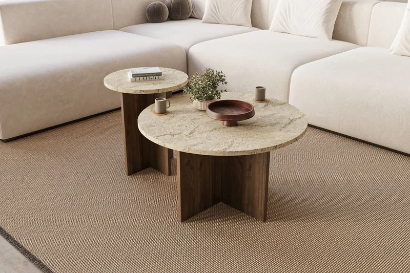 Lorricus sofabord 70 cm rundt - Travertin og Valnøtt - Møbler - Bord - Sofabord & salongbord
