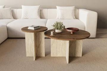 Lorricus sofabord 70 cm rundt - Valnøtt og Travertin - Møbler - Bord - Sofabord & salongbord