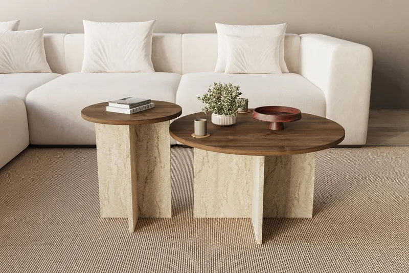 Lorricus sofabord 70 cm rundt - Valnøtt og Travertin - Møbler - Bord - Sofabord & salongbord