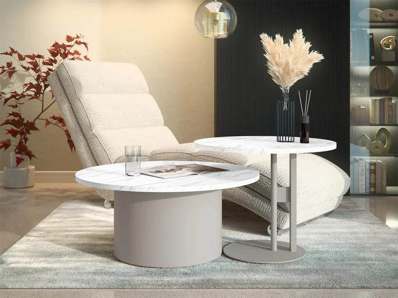 Lorvyn Sett med bord rundt 58/75 cm - Beige og hvit marmor - Møbler - Bord - Sofabord & salongbord