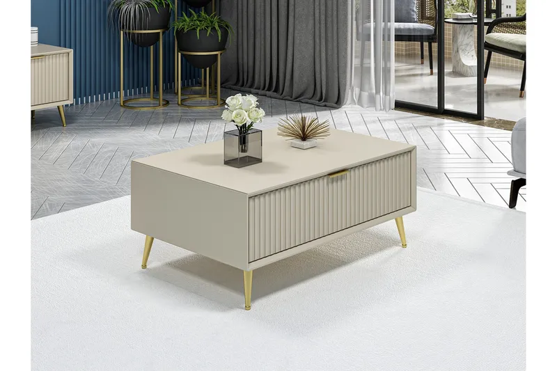 Luxe 90 cm Rektangulært Salongbord med Skuffer i Tre, Beige