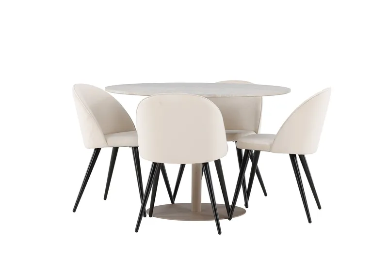 Lycke Spisegruppe 110 cm Rund med 4 Velvet stoler - Beige/Beige - Møbler - Bord - Spisegruppe