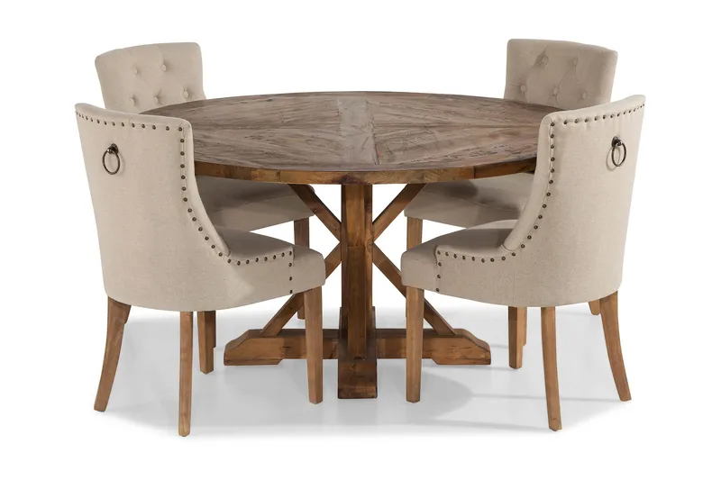 Lyon rund spisegruppe Ø150 cm med 4 stk. Viktoria stoler, Vintage alm / Beige