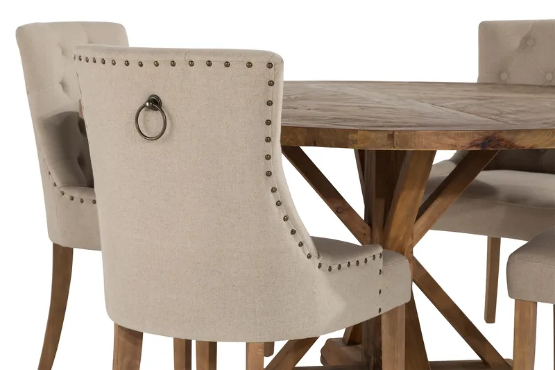 Lyon rund spisegruppe Ø150 cm med 4 stk. Viktoria stoler - Vintage alm / Beige - Møbler - Bord - Spisegruppe