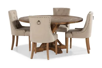 Lyon rund spisegruppe Ø150 cm med 4 stk. Viktoria stoler - Vintage alm / Beige - Møbler - Bord - Spisegruppe