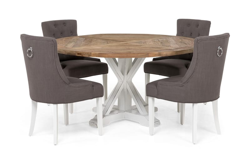 Lyon rund spisegruppe Ø150 cm med 4 Viktoria-stoler, Vintage natur/Hvit/Grå