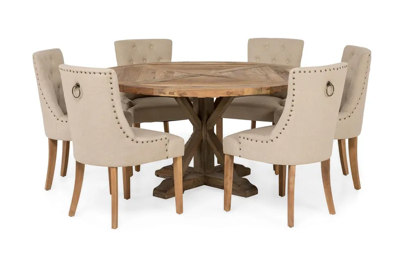 Lyon rund spisegruppe Ø150 cm med 6 Viktoria-stoler, Vintage alm/Beige