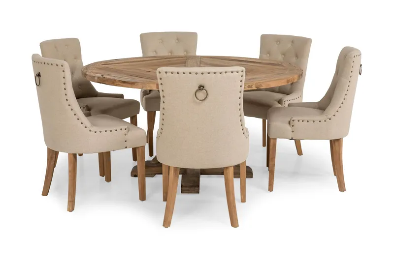 Lyon rund spisegruppe Ø150 cm med 6 Viktoria-stoler - Vintage alm/Beige - Møbler - Bord - Spisegruppe