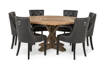 Lyon Rund Spisegruppe 150 cm med 6 Tuva Stoler - Brun Vintage Alm / Svart PU - Møbler - Bord - Spisegruppe