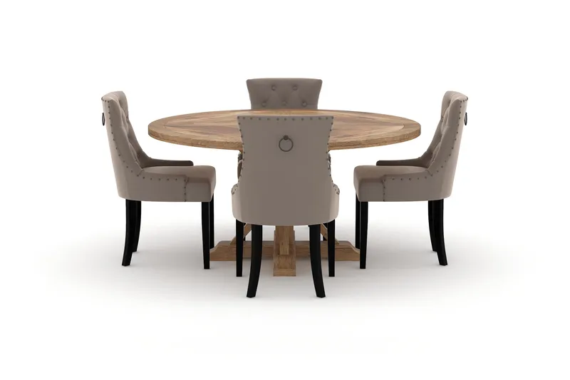 Lyon spisebord 150 cm rundt med 4 Viktoria spisestoler - Brun - Møbler - Bord - Spisegruppe