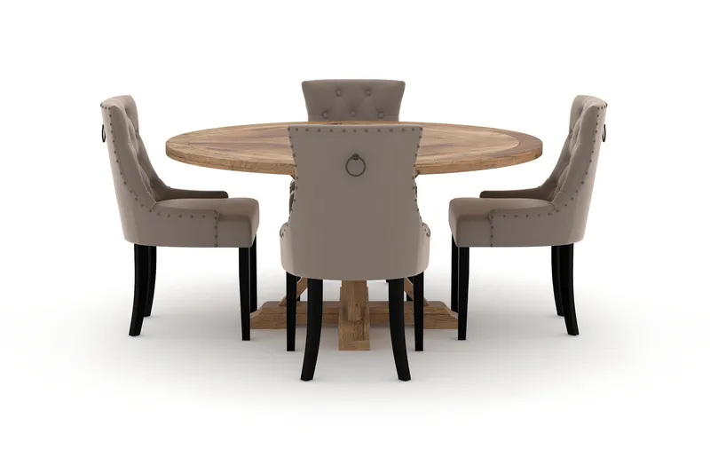 Lyon spisebord 150 cm rundt med 4 Viktoria spisestoler - Brun - Møbler - Bord - Spisegruppe