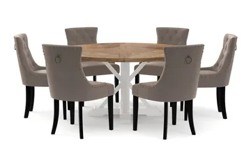 Lyon Spisebord 150 cm Rundt med 6 Viktoria Spisestoler - Natur/Hvit - Møbler - Bord - Spisegruppe