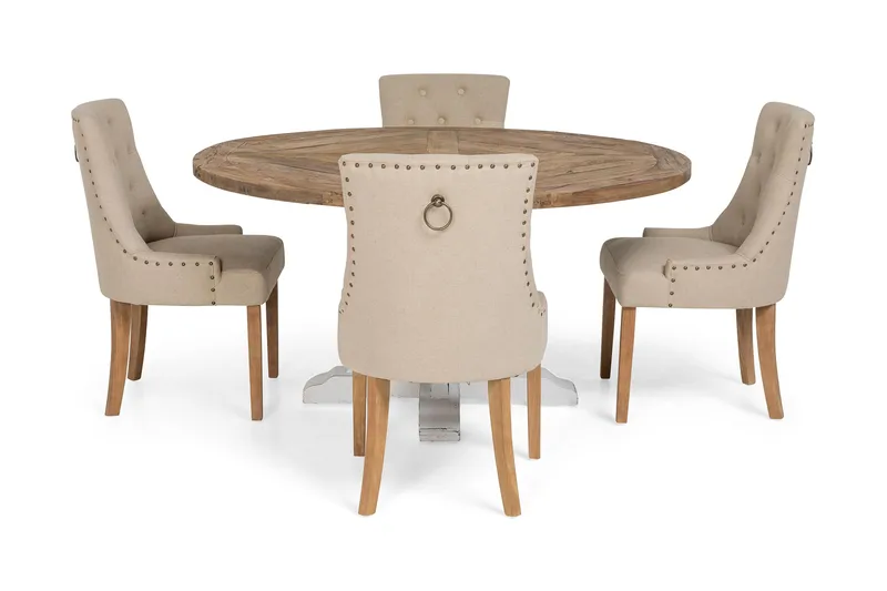 Lyon Spisegruppe Ø150 cm Rund med 4 stk. Viktoria Stoler - Vintage Natur/Hvit/Beige - Møbler - Bord - Spisegruppe