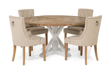 Lyon Spisegruppe Ø150 cm Rund med 4 Viktoria Stoler - Vintage Natur/Hvit/Beige - Møbler - Bord - Spisegruppe