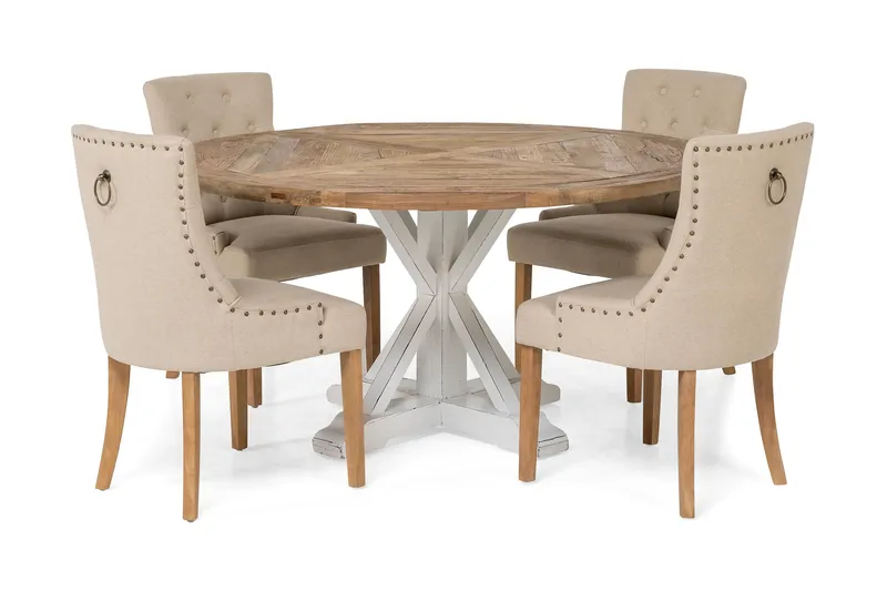 Lyon Spisegruppe Ø150 cm Rund med 4 Viktoria Stoler, Vintage Natur/Hvit/Beige