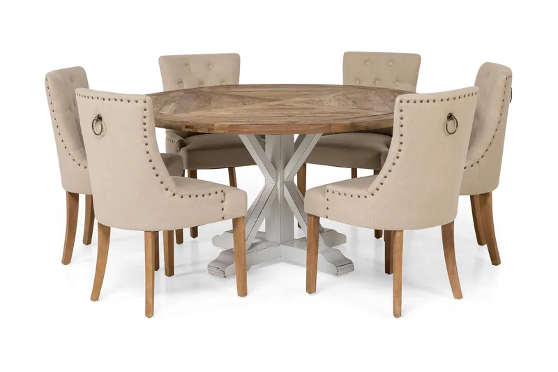 Lyon Spisegruppe Ø150 cm Rund med 6 stk. Viktoria Stoler, Vintage Natur / Hvit / Beige