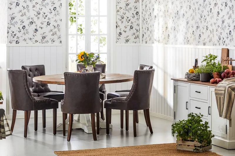 Lyon Spisegruppe Ø150 cm Rund med 6 Tuva Stoler - Vintage Natur/Hvit/Brun - Møbler - Bord - Spisegruppe
