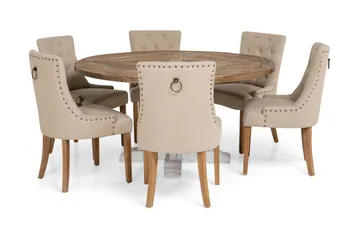 Lyon Spisegruppe Ø150 cm Rund med 6 Viktoria Stoler - Vintage Natur / Hvit / Beige - Møbler - Bord - Spisegruppe