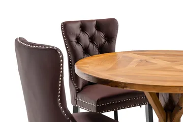 Lyon spisegruppe 120 cm rund inkl. 4 Bergviken stoler i kunstskinn - Brun - Møbler - Bord - Spisegruppe
