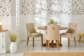 Lyon Spisegruppe 120 cm Rundt spisebord i Tre med 4 Viktoria Stoler - Tre / Beige - Møbler - Bord - Spisegruppe