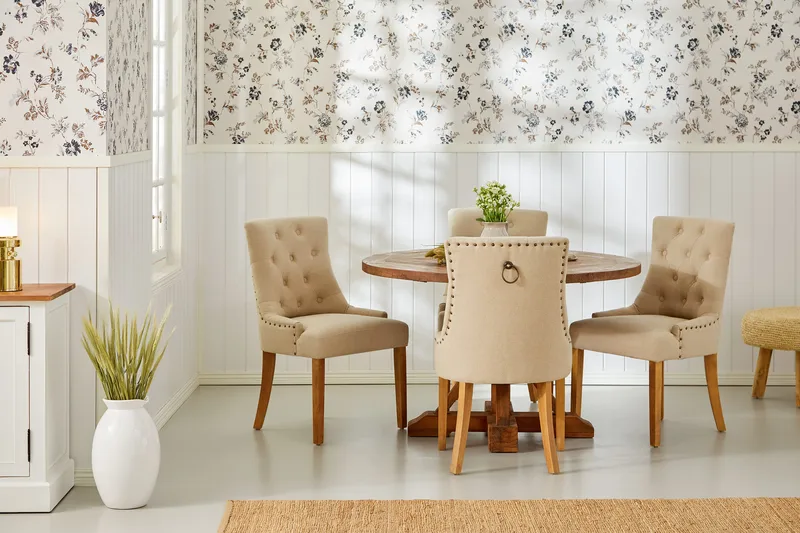 Lyon Spisegruppe 120 cm Rundt spisebord i Tre med 4 Viktoria Stoler - Tre / Beige - Møbler - Bord - Spisegruppe