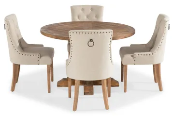 Lyon Spisegruppe 120 cm Rundt spisebord i Tre med 4 Viktoria Stoler - Tre / Beige - Møbler - Bord - Spisegruppe