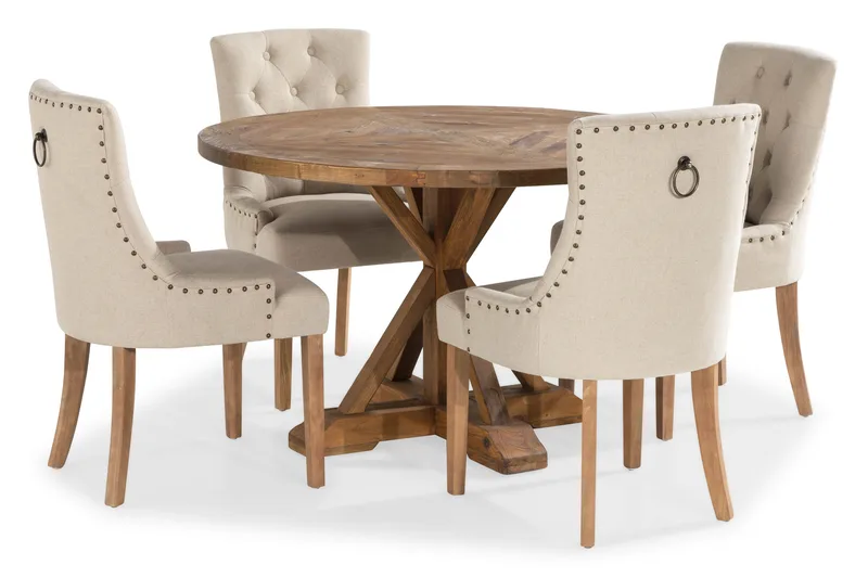 Lyon Spisegruppe 120 cm Rundt spisebord i Tre med 4 Viktoria Stoler - Tre / Beige - Møbler - Bord - Spisegruppe