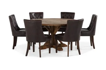 Lyon spisegruppe 150 cm rund i mørkt tre med 6 Tuva stoler - Vintage alm / Brun PU - Møbler - Bord - Spisegruppe