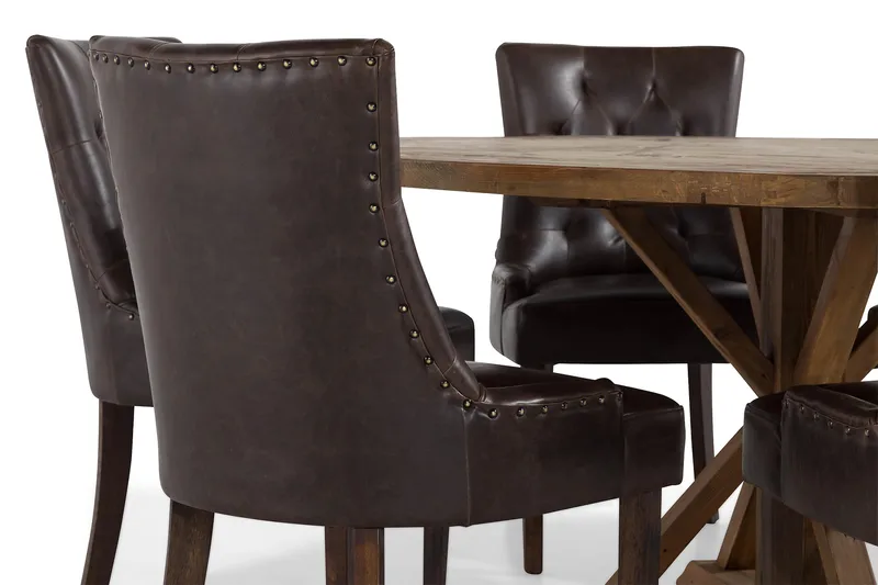Lyon spisegruppe 150 cm rund i mørkt tre med 6 Tuva stoler - Vintage alm / Brun PU - Møbler - Bord - Spisegruppe