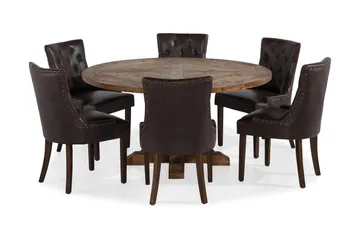 Lyon spisegruppe 150 cm rund i mørkt tre med 6 Tuva stoler - Vintage alm / Brun PU - Møbler - Bord - Spisegruppe
