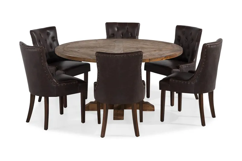 Lyon spisegruppe 150 cm rund i mørkt tre med 6 Tuva stoler - Vintage alm / Brun PU - Møbler - Bord - Spisegruppe