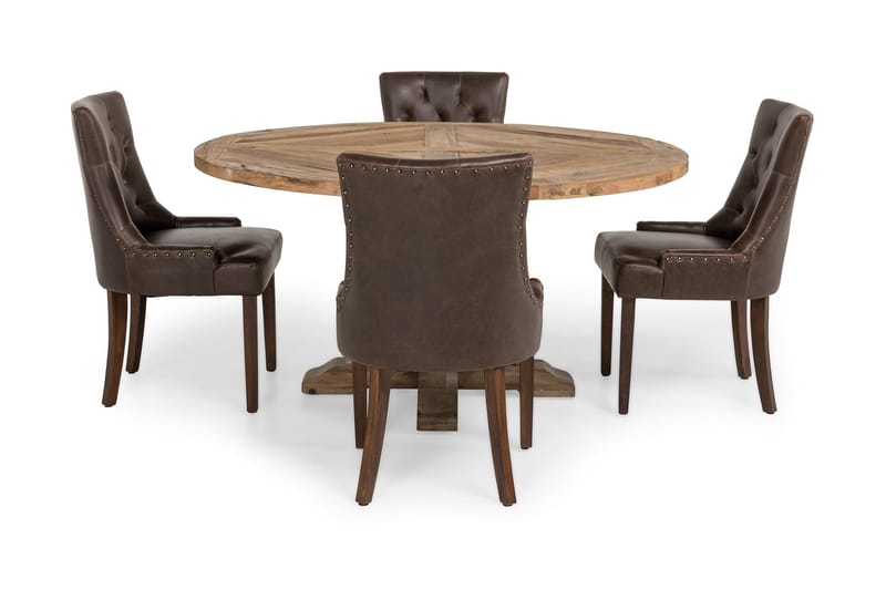 Lyon spisegruppe 150 cm rund med 4 Tuva lenestoler - Vintage alm/Brun PU - Møbler - Bord - Spisegruppe