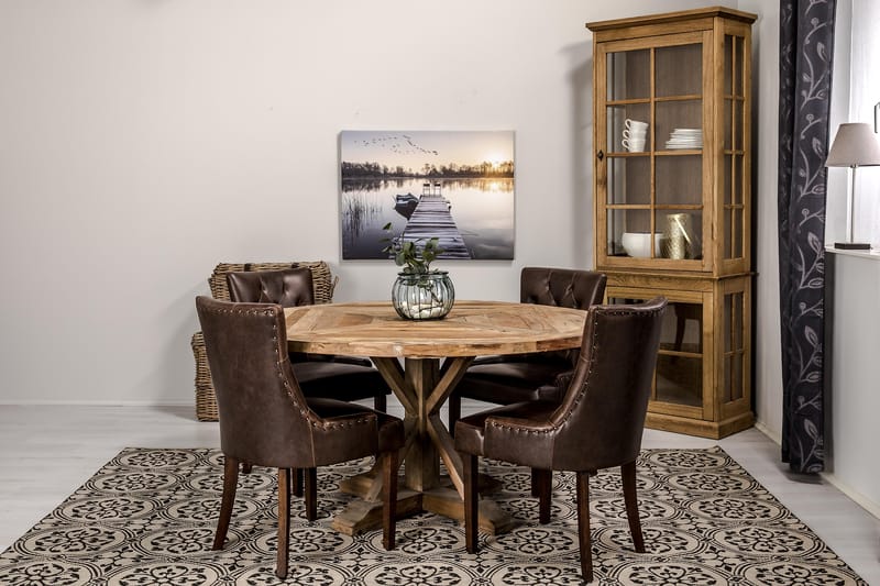 Lyon spisegruppe 150 cm rund med 4 Tuva lenestoler - Vintage alm/Brun PU - Møbler - Bord - Spisegruppe