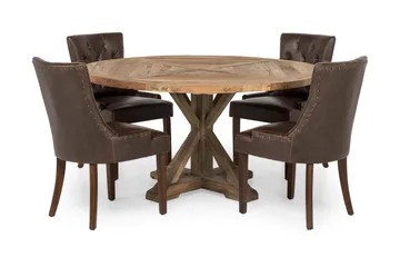 Lyon spisegruppe 150 cm rund med 4 Tuva lenestoler - Vintage alm/Brun PU - Møbler - Bord - Spisegruppe