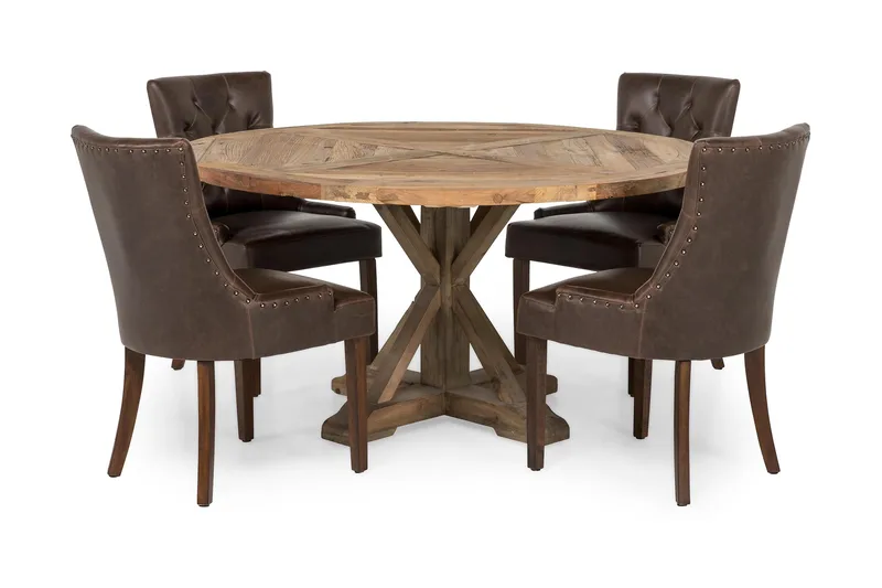 Lyon spisegruppe 150 cm rund med 4 Tuva lenestoler, Vintage alm/Brun PU