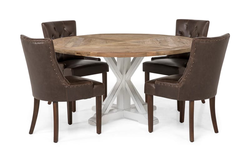 Lyon Spisegruppe 150 cm Rund med 4 Tuva Lenestoler, Vintage Alm/Hvit/Brun PU