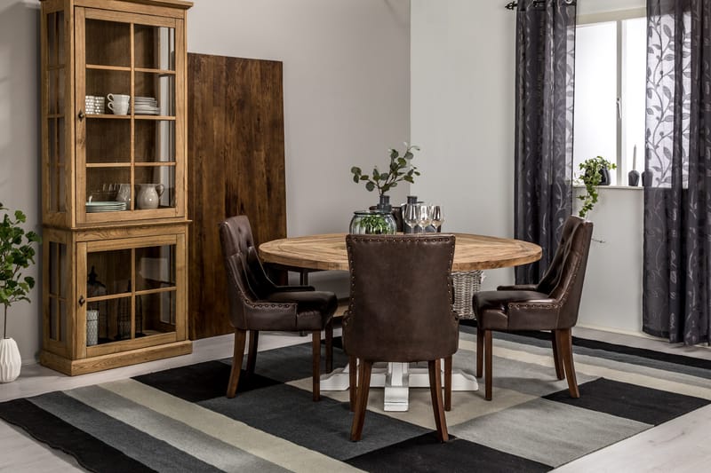 Lyon Spisegruppe 150 cm Rund med 4 Tuva Lenestoler - Vintage Alm/Hvit/Brun PU - Møbler - Bord - Spisegruppe