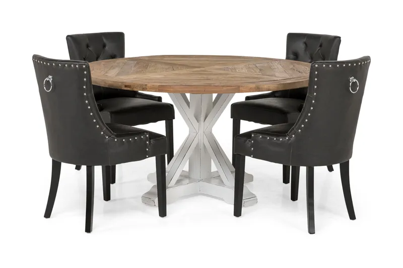 Lyon Spisegruppe 150 cm Rund med 4 Tuva Lenestoler, Vintage Alm/Hvit/Svart PU