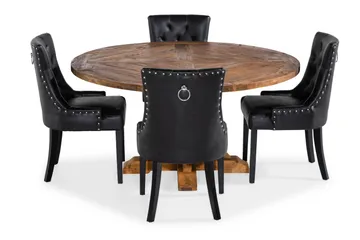 Lyon spisegruppe 150 cm rund med 4 Tuva lenestoler - Vintage alm/Svart PU - Møbler - Bord - Spisegruppe
