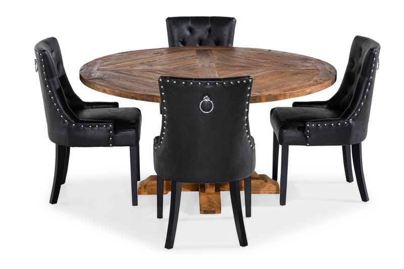 Lyon spisegruppe 150 cm rund med 4 Tuva lenestoler - Vintage alm/Svart PU - Møbler - Bord - Spisegruppe