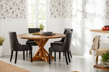 Lyon spisegruppe 150 cm rund med 4 Tuva lenestoler - Vintage alm/Svart PU - Møbler - Bord - Spisegruppe