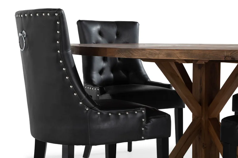 Lyon spisegruppe 150 cm rund med 4 Tuva lenestoler - Vintage alm/Svart PU - Møbler - Bord - Spisegruppe