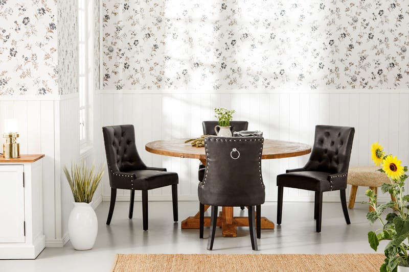 Lyon spisegruppe 150 cm rund med 4 Tuva lenestoler - Vintage alm/Svart PU - Møbler - Bord - Spisegruppe