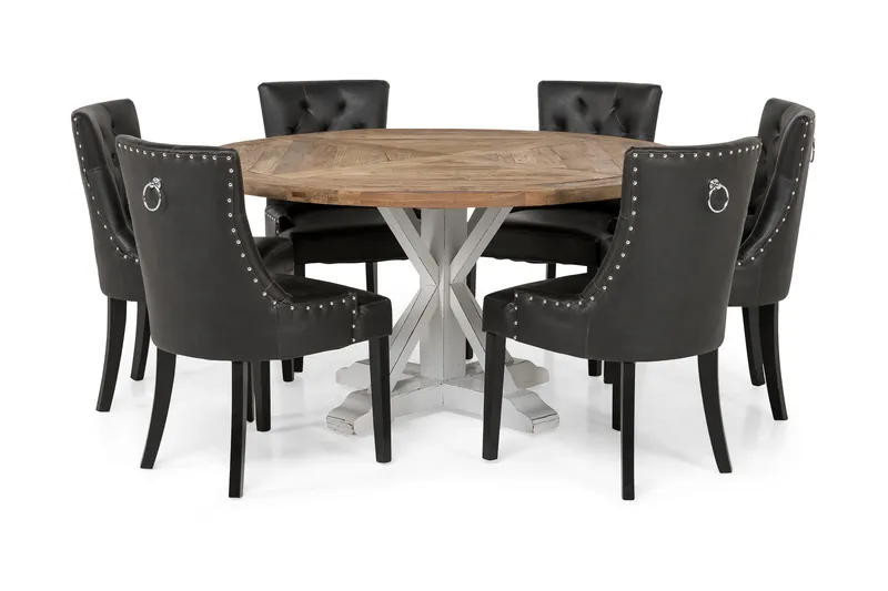 Lyon Spisegruppe 150 cm Rund med 6 Tuva Lenestol, Vintage Alm/Hvit/Svart PU