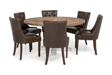 Lyon Spisegruppe 150 cm Rund med 6 Tuva Lenestoler - Vintage Alm/Hvit/Brun PU - Møbler - Bord - Spisegruppe