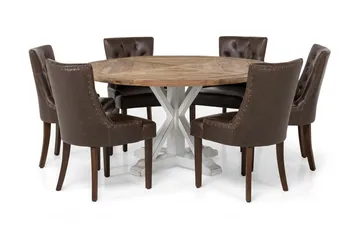 Lyon Spisegruppe 150 cm Rund med 6 Tuva Lenestoler - Vintage Alm/Hvit/Brun PU - Møbler - Bord - Spisegruppe