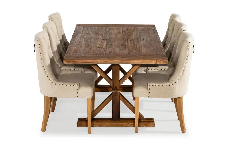 Lyon Spisegruppe 200 cm + 6 Stoler Uttrekkbart Spisebord med Tilleggsplate - Brunt Tre / Natur Beige - Møbler - Bord - Spisegruppe