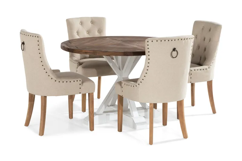 Lyon Spisegruppe Rund med 4 Viktoria Lenestoler, Tre/Hvit/Beige