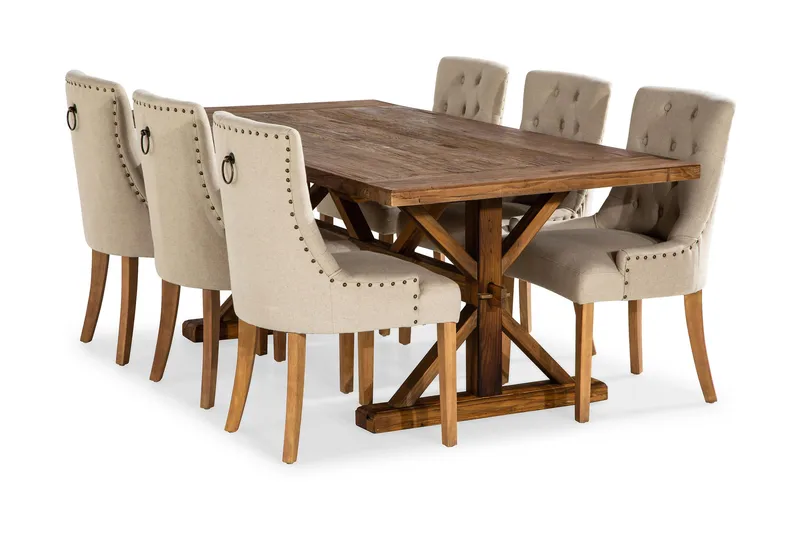 Lyon uttrekkbar spisegruppe 200 cm med 6 Viktoria lenestoler, Brunt tre / Naturbeige